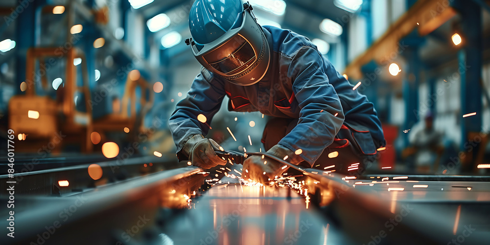 Welder working in an industrial workshop with flying sparks, showcasing intense focus and craftsmanship Welder working in an industrial workshop with flying sparks, showcasing intense focus and craftsmanship