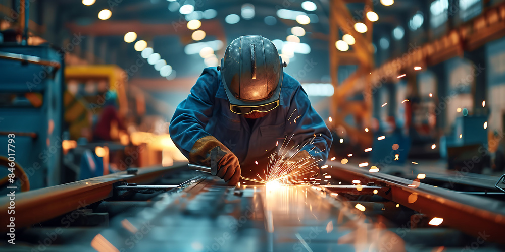 Welder working in an industrial workshop with flying sparks, showcasing intense focus and craftsmanship Welder working in an industrial workshop with flying sparks, showcasing intense focus and craftsmanship