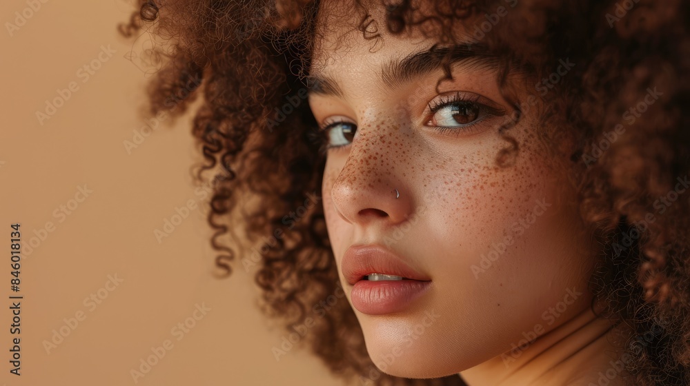 Portrait of an attractive young lady with curly hair on a neutral background close up shot Area available for text
