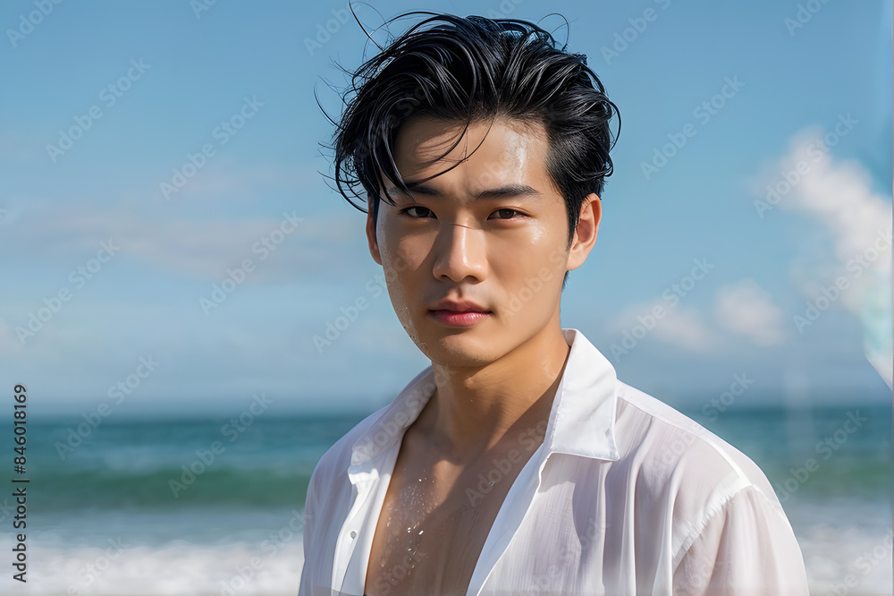 A man with short hair and a white shirt is standing on a beach A man with short hair and a white shirt is standing on a beach