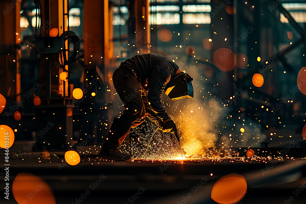 Industrial worker bending down with bright sparks flying around, captured in a dramatic workshop scene Industrial worker bending down with bright sparks flying around, captured in a dramatic workshop scene