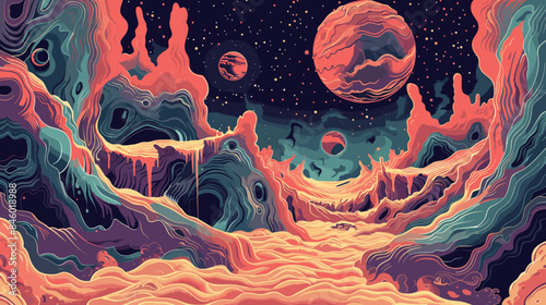 Vector illustration of a fantasy landscape with mountains, moons and stars.