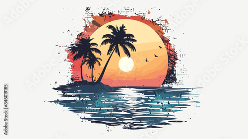 Tropical sunset on the beach with palm trees. Vector illustration.