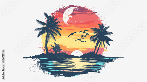 Tropical island with palm trees and sunset. Vector illustration.