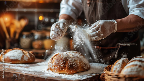 A baker dusting freshly baked bread with flour, with a rustic, cozy kitchen in the background
