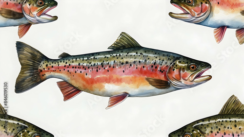 Pattern of trout fish illustrations on white