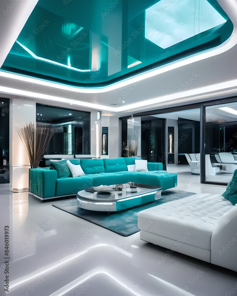 Fototapeta premium Modern living room in white and green.