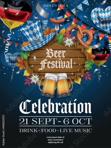 oktoberfest party poster with wooden signboard  with hat and bber mugs and heart shaped party balloons. german beer festival flyer with pennants and balloons