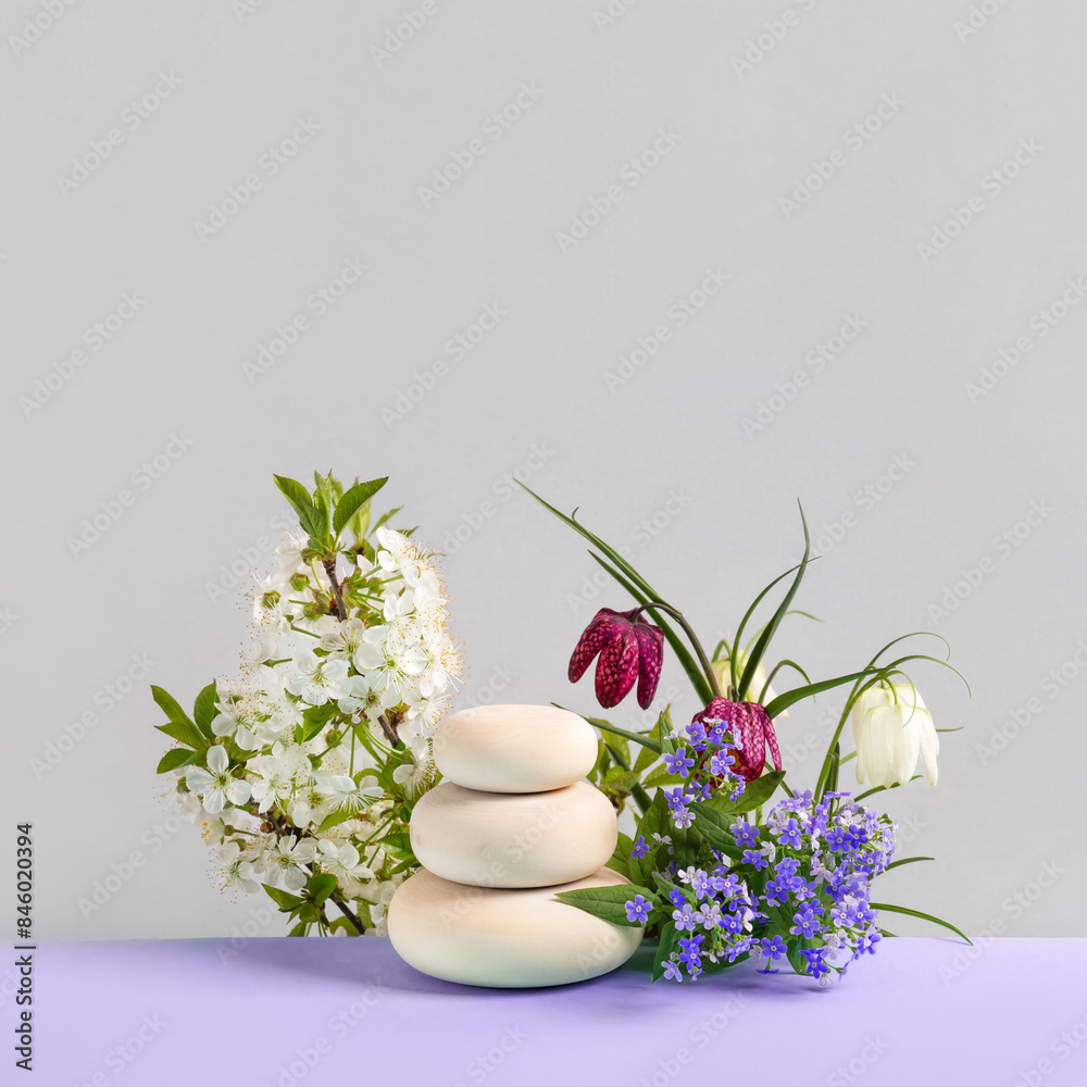 Wood slice podium with spring flowers branches of cherry blossoms, grouse on purple background. Concept scene stage showcase for new product, banner, promotion sale, cosmetic, presentation Wood slice podium with spring flowers branches of cherry blossoms, grouse on purple background. Concept scene stage showcase for new product, banner, promotion sale, cosmetic, presentation