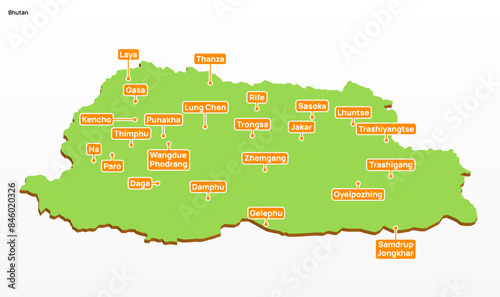 3d vector illustration graphic green color geographical map of Bhutan with places