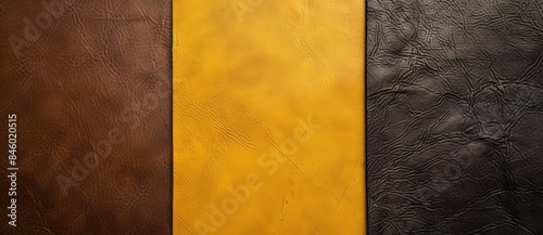 Three different colors of leather are shown in a background image for use as a design element or texture. The leather comes in brown, yellow, and black