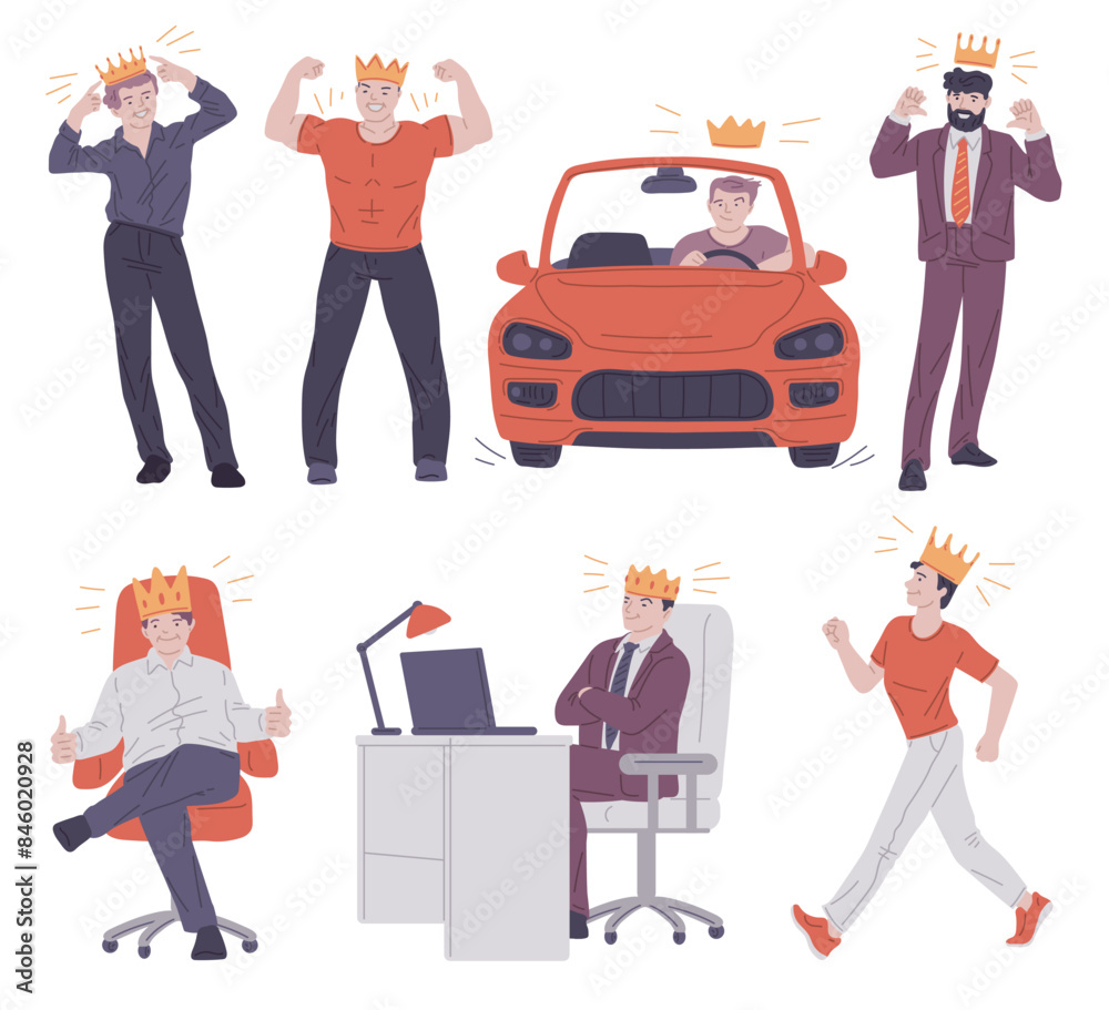 Obraz premium Successful men with crowns. Vector set