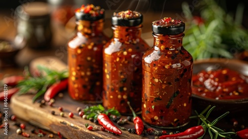 Close-up of bottles with vibrant red hot sauce, herbs, and scattered spices on a rustic table