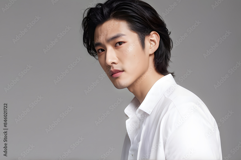 A man with long hair and a white shirt is standing in front of a gray background