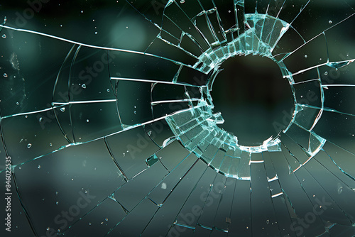 Close-up of shattered glass with a bullet hole, showcasing cracks and sharp fragments