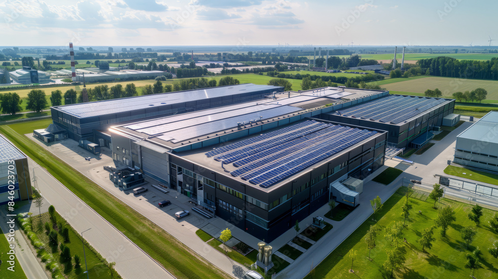 Fototapeta premium warm sunny summer weather, a huge new plant on the roof of which there are many solar panels,generative ai