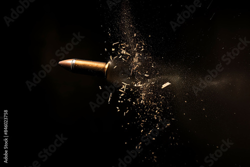 High-speed photograph capturing a bullet shattering on impact, with debris and fragments flying in all directions