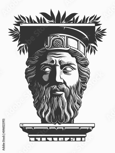 Monochrome illustration of the head of the Roman Emperor Constantine in a vase.