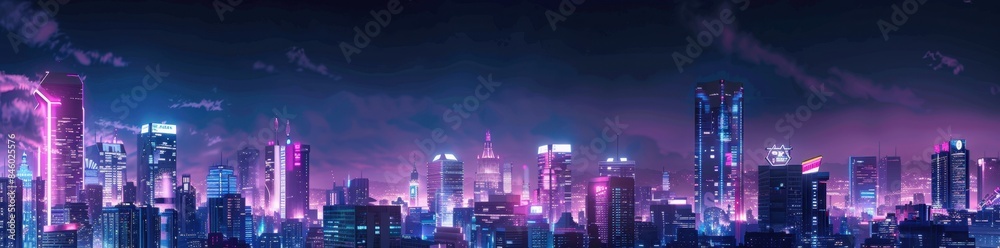 A futuristic cityscape at night, illuminated neon lights and skyscrapers The buildings have glowing windows that create dynamic patterns against the dark sky Generative AI A futuristic cityscape at night, illuminated neon lights and skyscrapers The buildings have glowing windows that create dynamic patterns against the dark sky Generative AI