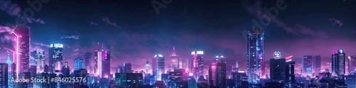A futuristic cityscape at night, illuminated neon lights and skyscrapers The buildings have glowing windows that create dynamic patterns against the dark sky Generative AI
