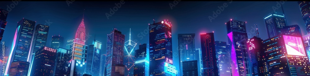 A futuristic cityscape at night, with neon lights and skyscrapers The buildings glow with vibrant colors against a dark sky, creating a sense of depth and scale Generative AI A futuristic cityscape at night, with neon lights and skyscrapers The buildings glow with vibrant colors against a dark sky, creating a sense of depth and scale Generative AI