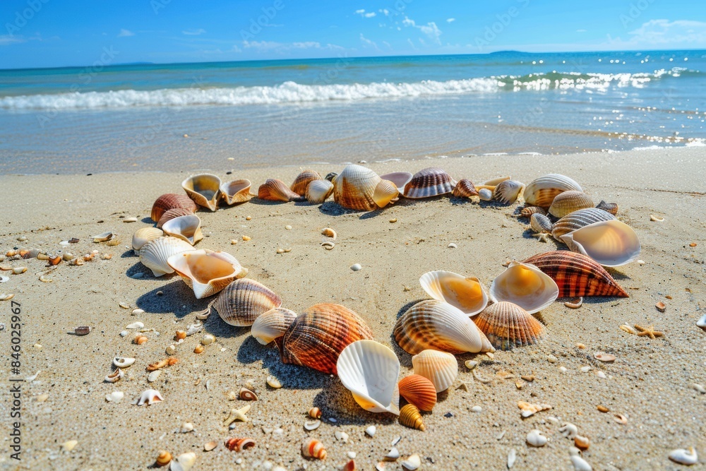 Heart shape made of seashells on sandy beach