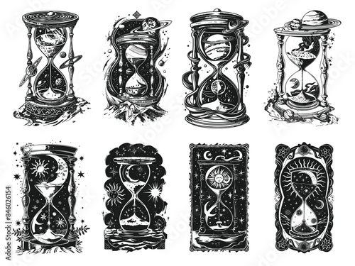 Astrological tattoos with hourglass set in hand drawn style. Mystical clock with sand, sun, moon and planets sketch ink vector illustration