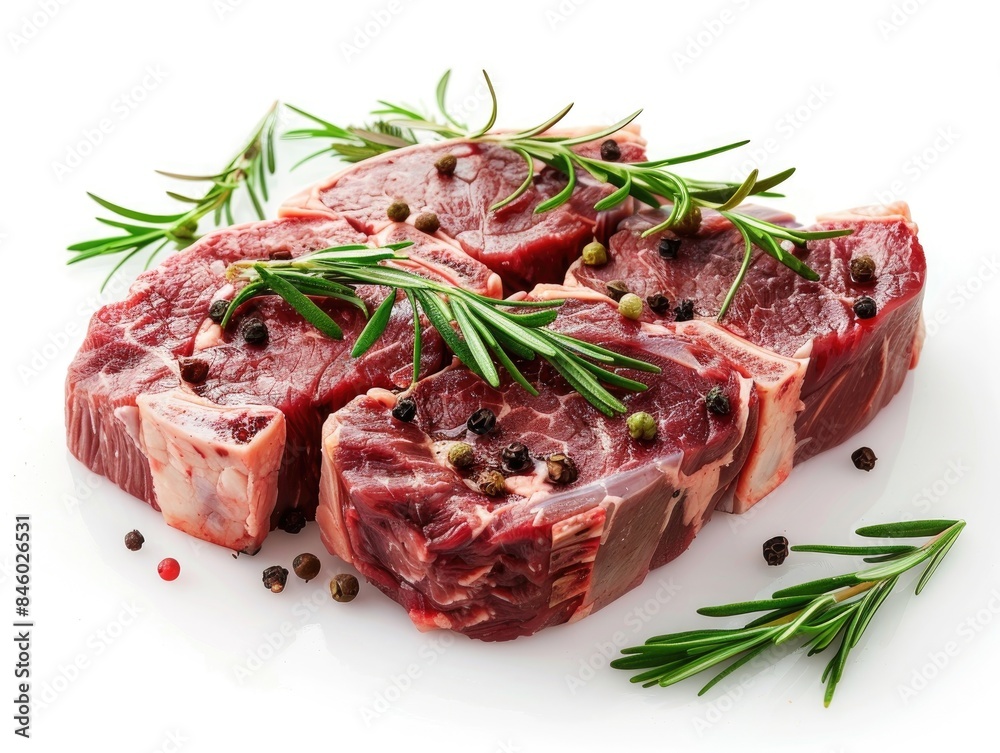 raw meat and rosemary isolated on white background in studio shot raw meat and rosemary isolated on white background in studio shot