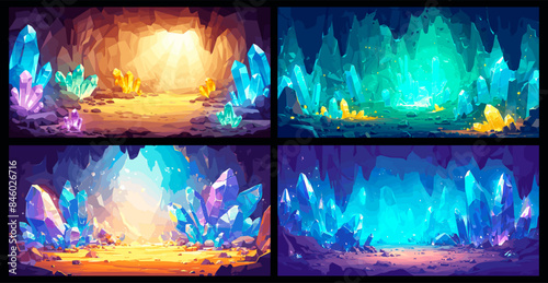 Cartoon cave landscape set. Mystical treasure underground mine scene with glowing crystals stones stalactites vector illustration