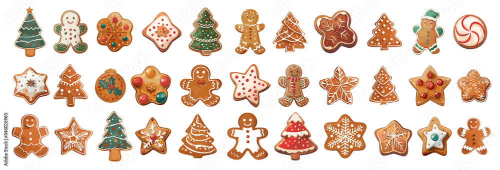 Cartoon christmas gingerbread cookies set. Xmas gingerbreads sweets star snowflake tree man, noel holiday decoration vector illustration