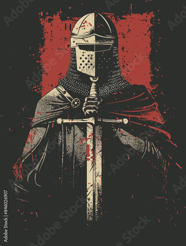 Knight with sword and helmet on grunge background. Vector illustration.