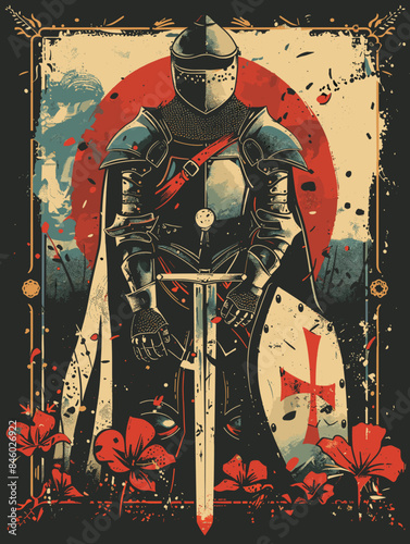 Knight in armor on grunge background with flowers. Vector illustration.