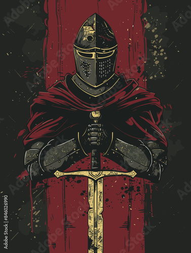 Knight with sword and red cape on grunge background. Vector illustration.