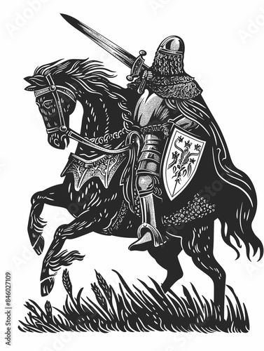 Medieval knight riding a horse, vintage line drawing or engraving illustration