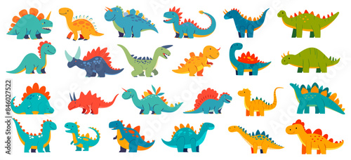 Cartoon dinosaur set. Ancient animals t-rex triceratops dinosaurs diplodocus for kids, cute dino vector illustration