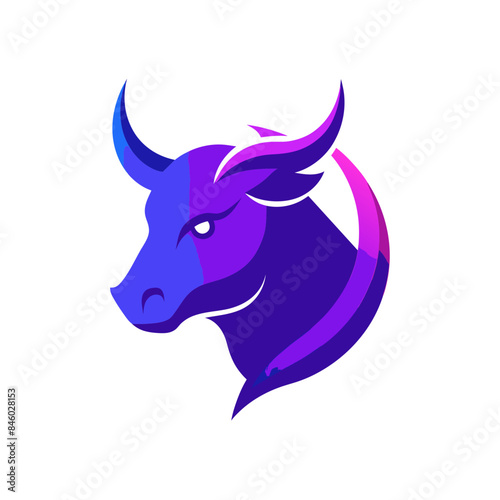 A mascot logo featuring a modern bull with a sleek, gradient design. The bull's body transitions smoothly from a bright blue to a deep purple