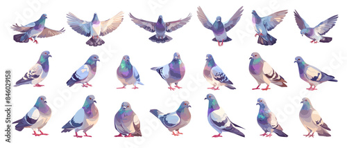 Cartoon pigeon set. Street dove poses flying standing, wild grey bird wing flight, urban fauna vector illustration