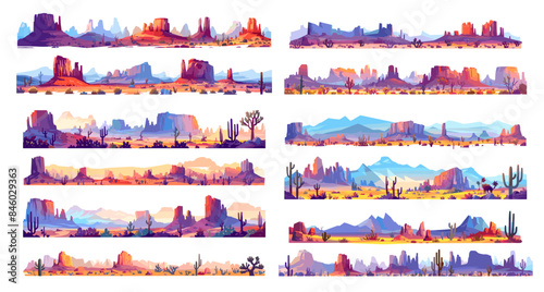 Cartoon prairies landscape set. Western desert with cactuses mountains rocks, wild west panorama vector illustration