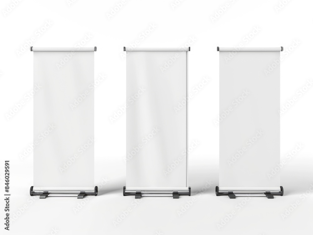 3 empty white roll banner mockup isolated white background 3 empty white roll banner mockup isolated white background