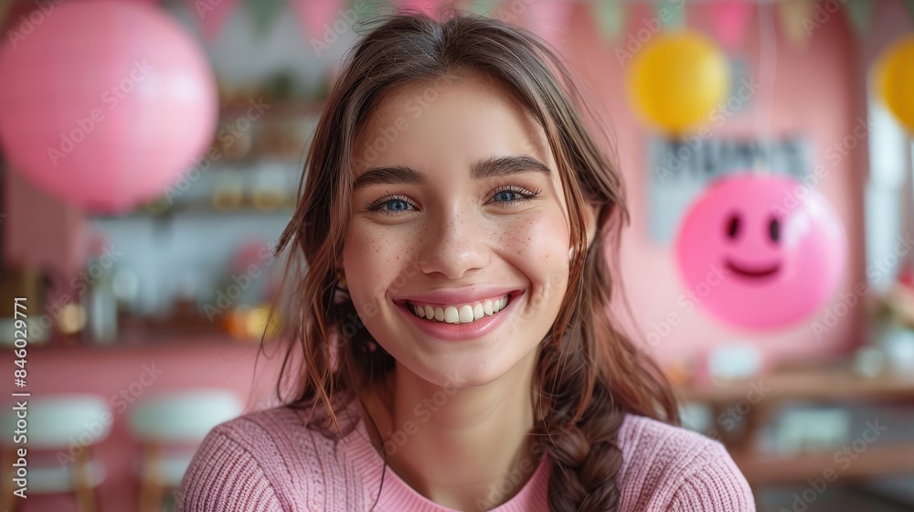 Fototapeta premium A woman with a pink shirt and a smile on her face. She is in a room with pink walls and pink decorations
