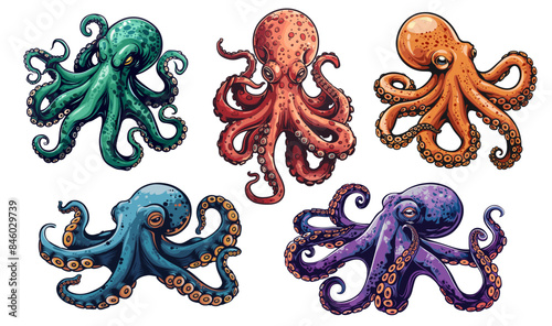 Cartoon realistic octopus set. Colorful sea animals with tentacles, krakens squids seafood vector illustration