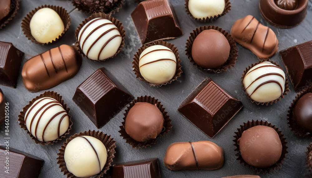 Top view of different homemade chocolates laid out on a dark background with space for text. Family home confectionery concept, background for advertising Top view of different homemade chocolates laid out on a dark background with space for text. Family home confectionery concept, background for advertising