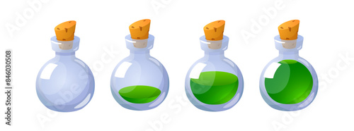 Set of closed glass bottles with different volume of green potion