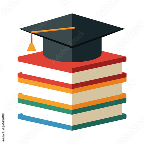 Stack of books with a graduation cap on top represents the knowledge gained through education on white background photo