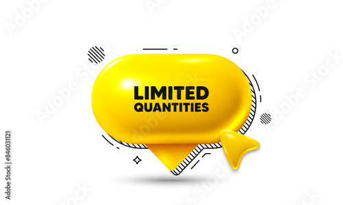 Click here speech bubble 3d icon. Limited quantities tag. Special offer sign. Sale promotion symbol. Limited quantities chat offer. Speech bubble banner. Text box balloon. Vector