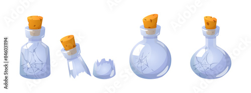 Damaged magic empty potion flask vector set, split glass bottle with cracks, corkwood plug, game laboratory equipment