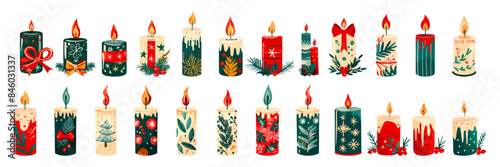 Flat christmas candles set. Xmas decorative scented aromatic candle fir branches, winter holidays symbol elements vector illustration