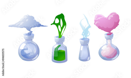 Glass bottles with potion and smoke, set of game icons, vector on white