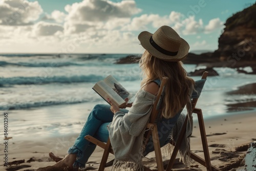 A woman in a wide-brimmed hat, sitting on a beach chair, reading a book with the ocean in the background.