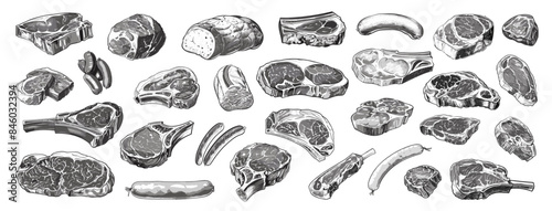 Sketch raw meat set. Vintage engraving beef steak on bone fillet sausages, butcher shop vector illustration